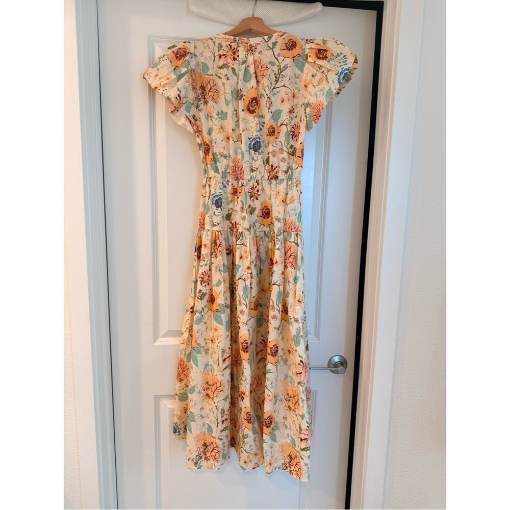 New ULLA JOHNSON Marin Cotton Floral Multicolor Pleated Ruffle-Sleeve Midi Dress - Picture 10 of 13